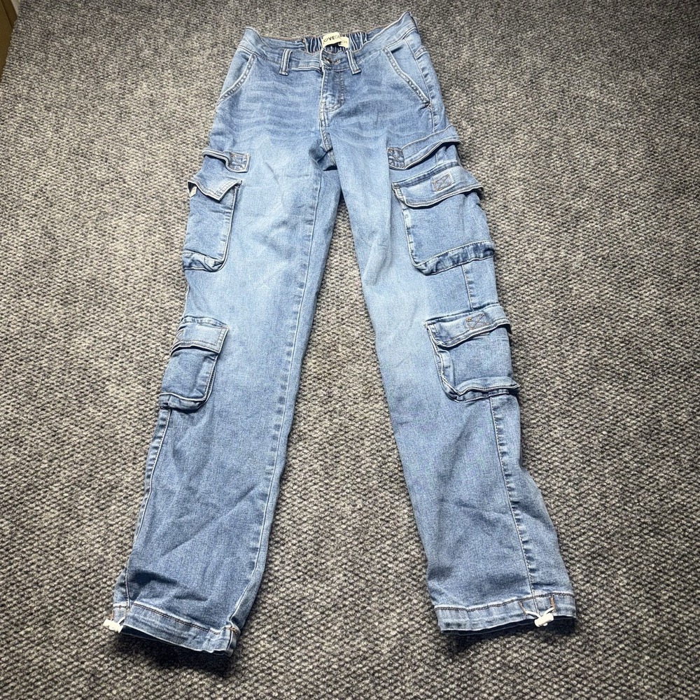 Lovegen Womens Cargo Jeans Straight Leg Utility Pockets Toggle Hem Y2k Skater 26